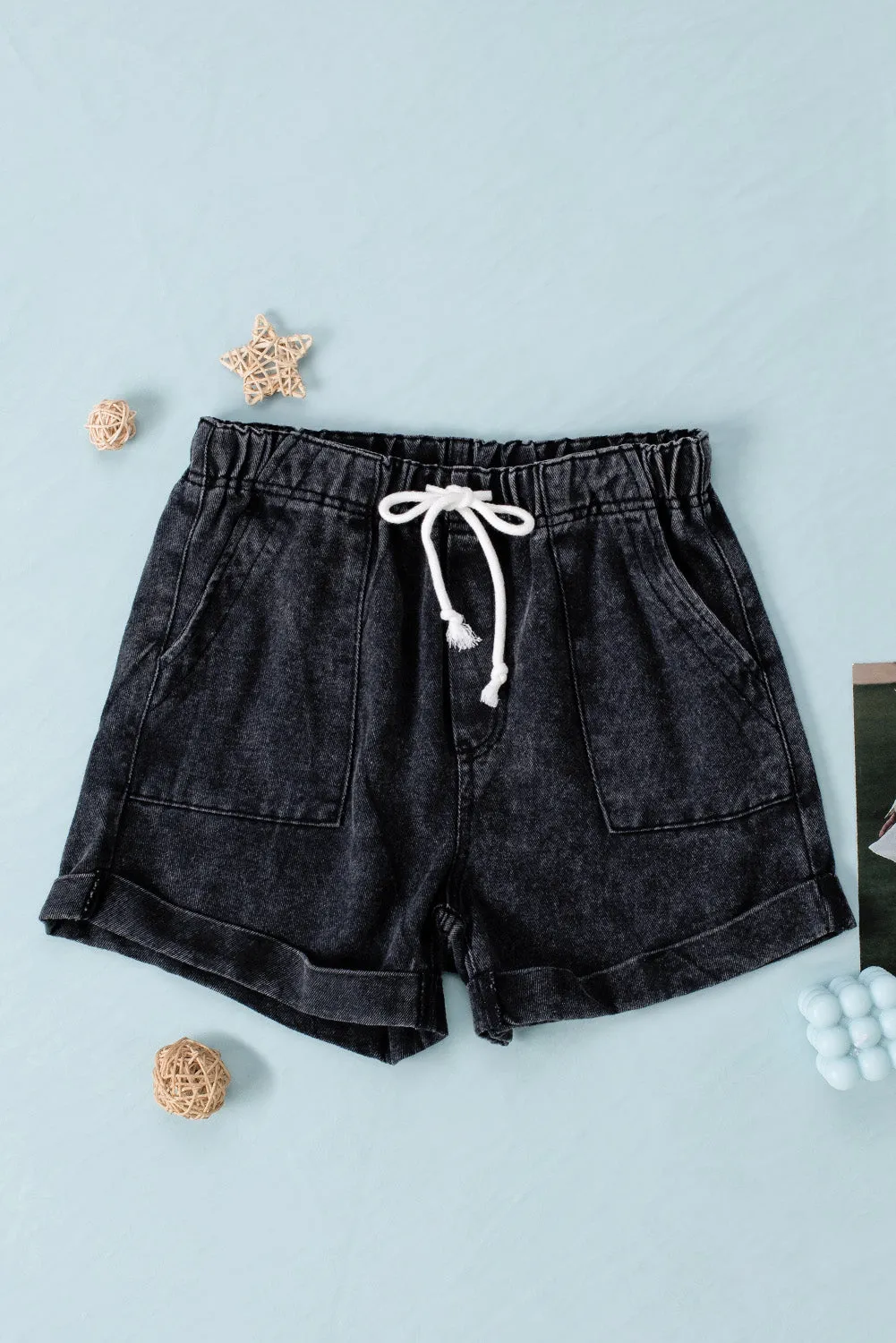 Women's Casual Denim Shorts Pocketed Drawstring High Waisted Denim Jeans