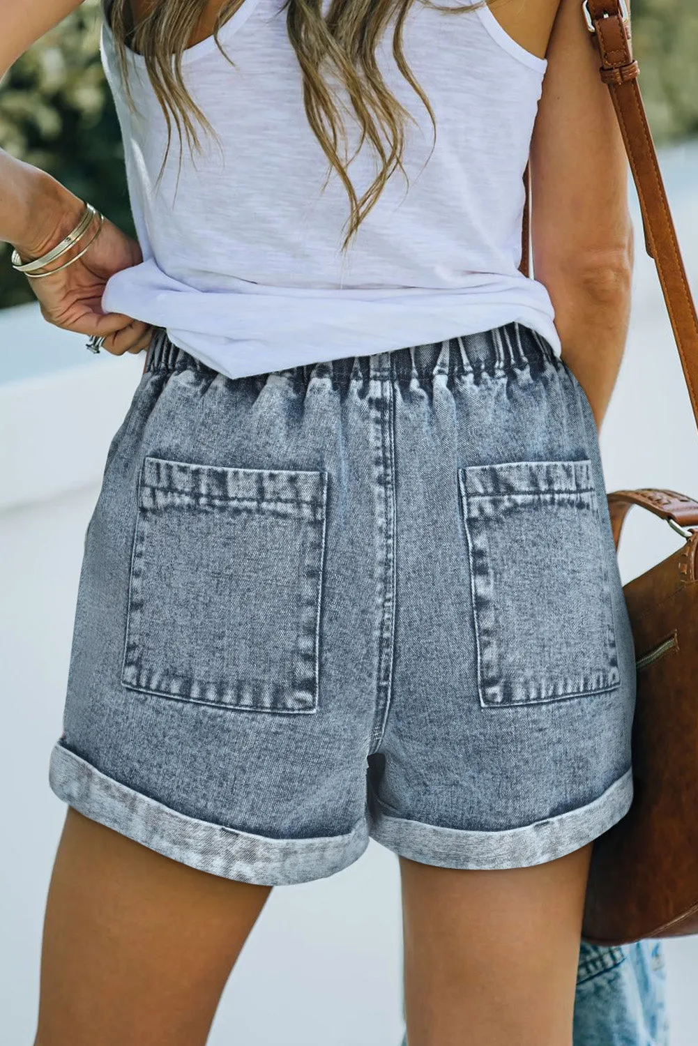 Women's Casual Denim Shorts Pocketed Drawstring High Waisted Denim Jeans