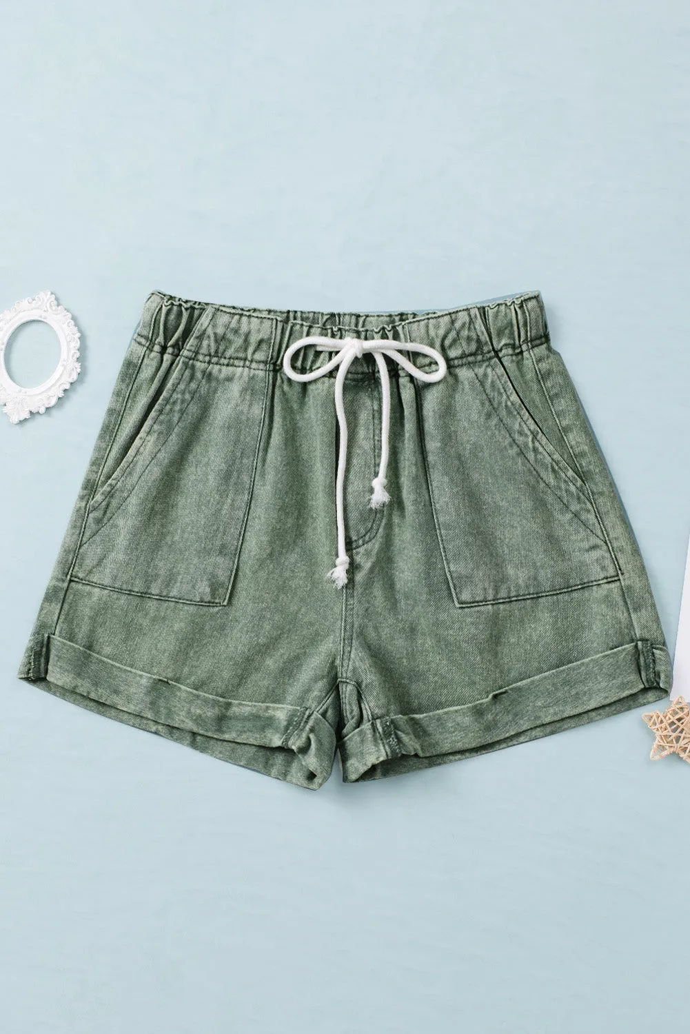 Women's Casual Denim Shorts Pocketed Drawstring High Waisted Denim Jeans