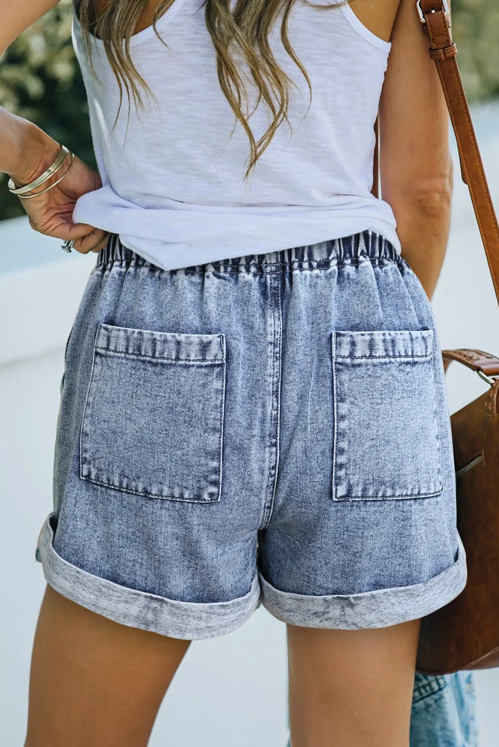 Women's Casual Denim Shorts Pocketed Drawstring High Waisted Denim Jeans