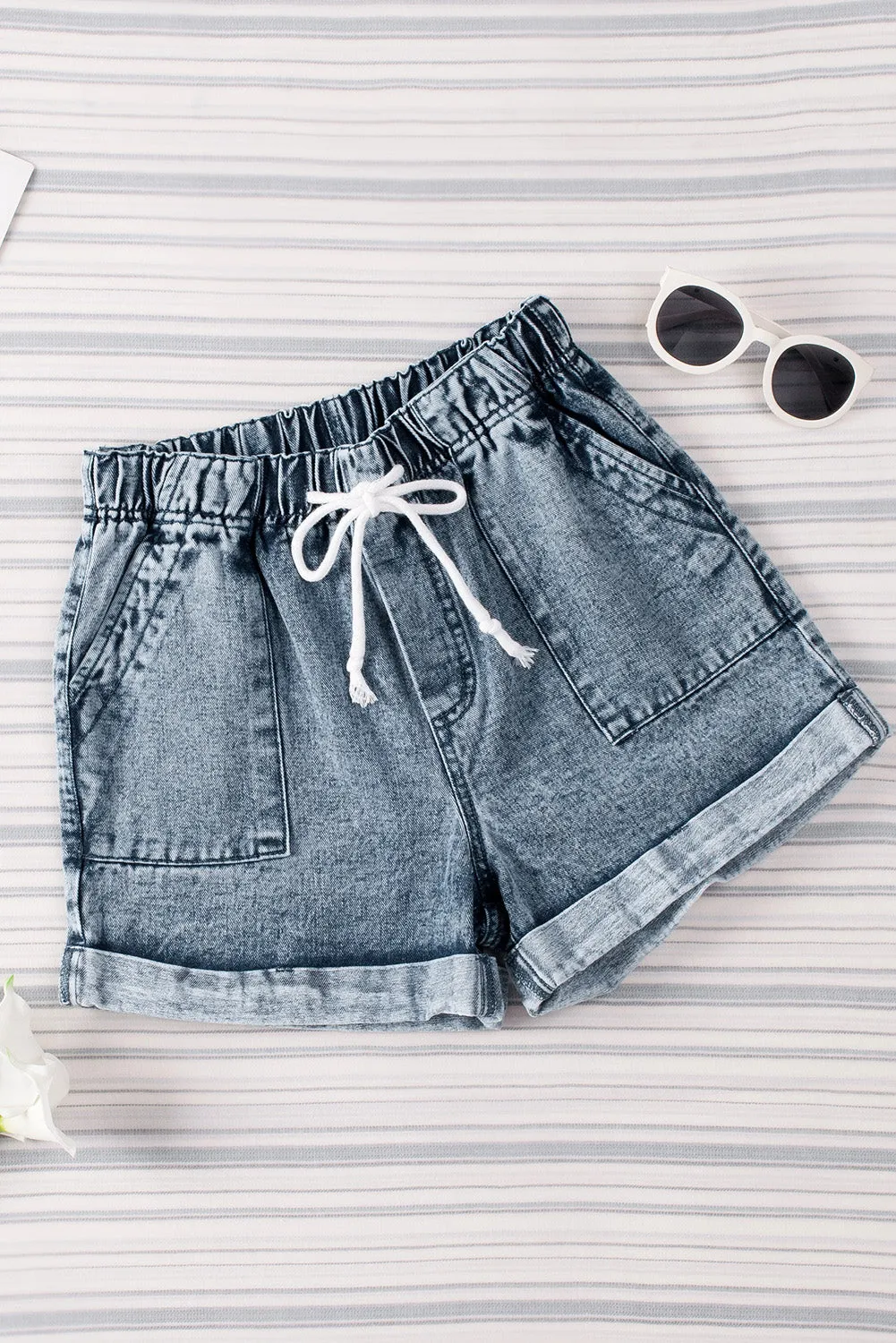 Women's Casual Denim Shorts Pocketed Drawstring High Waisted Denim Jeans