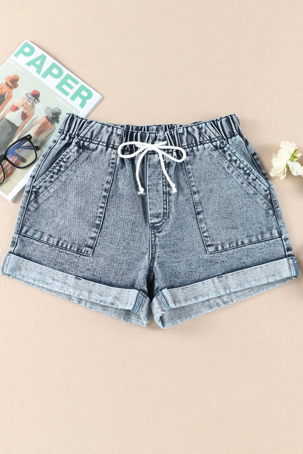 Women's Casual Denim Shorts Pocketed Drawstring High Waisted Denim Jeans