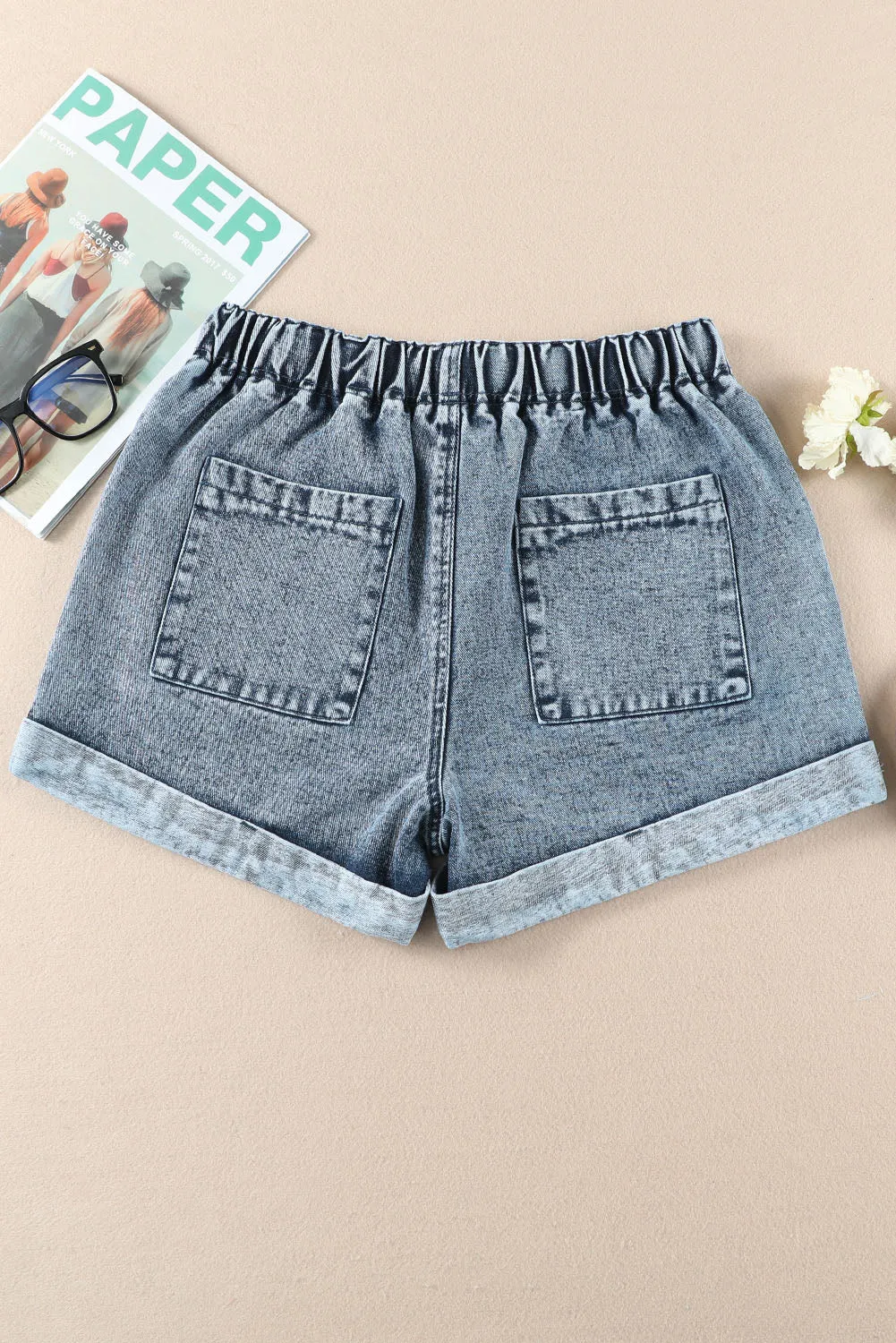 Women's Casual Denim Shorts Pocketed Drawstring High Waisted Denim Jeans