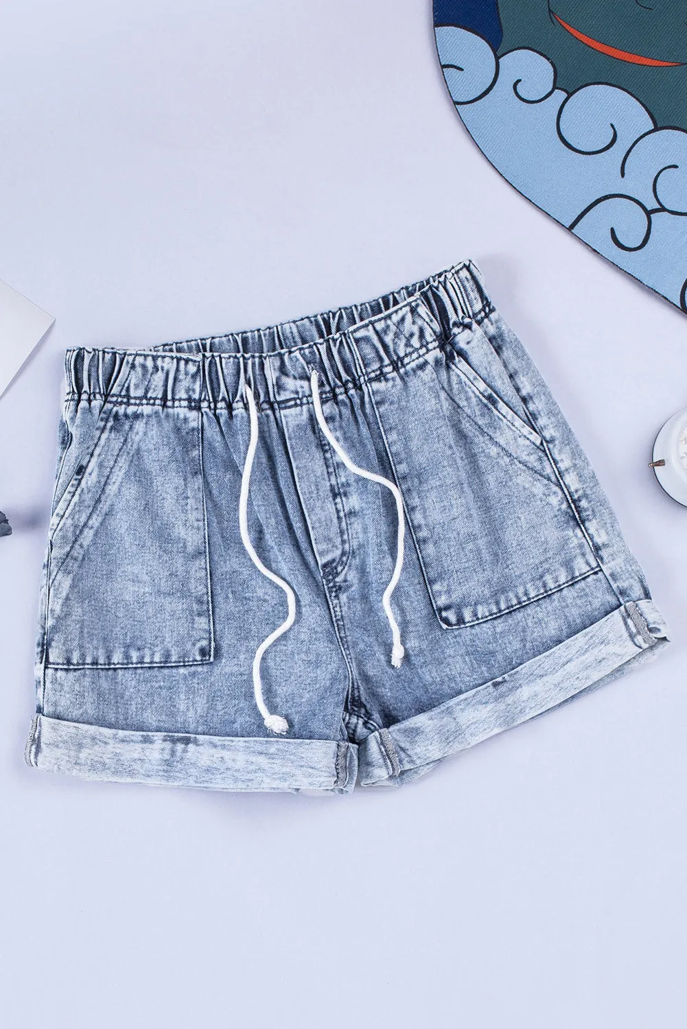 Women's Casual Denim Shorts Pocketed Drawstring High Waisted Denim Jeans