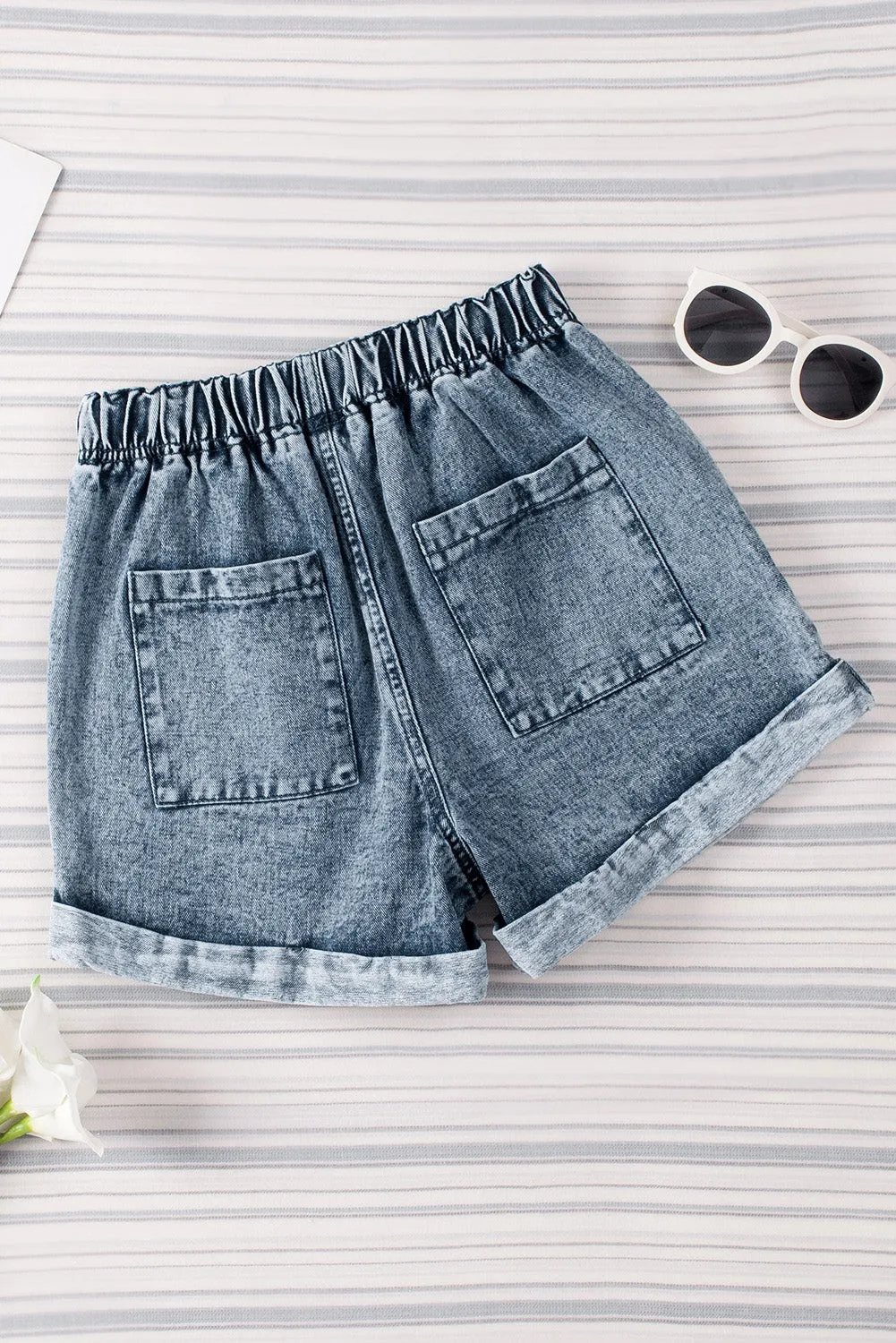 Women's Casual Denim Shorts Pocketed Drawstring High Waisted Denim Jeans