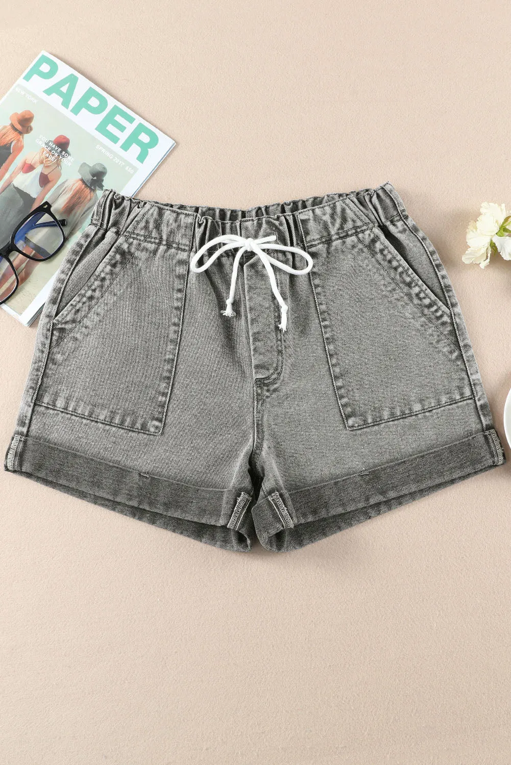 Women's Casual Denim Shorts Pocketed Drawstring High Waisted Denim Jeans