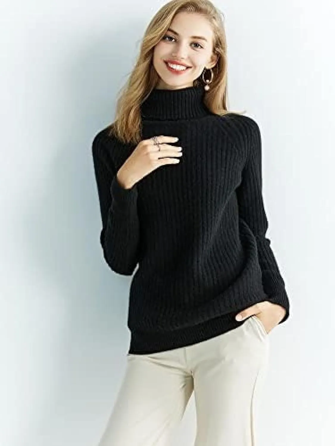 Women's Fall Winter Long Sleeve Loose Pure Merino Wool Warm Soft Knitted Pullover Sweater,Black,Small