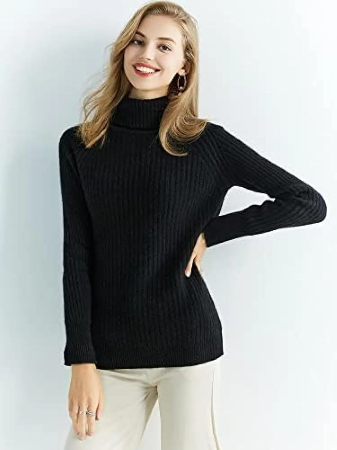 Women's Fall Winter Long Sleeve Loose Pure Merino Wool Warm Soft Knitted Pullover Sweater,Black,Small