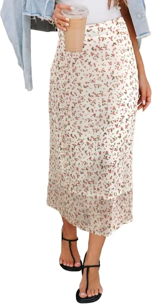 Womens Floral Print Midi Skirt Casual High Elastic Waist Zipper Vintage Long Boho Skirts for Women