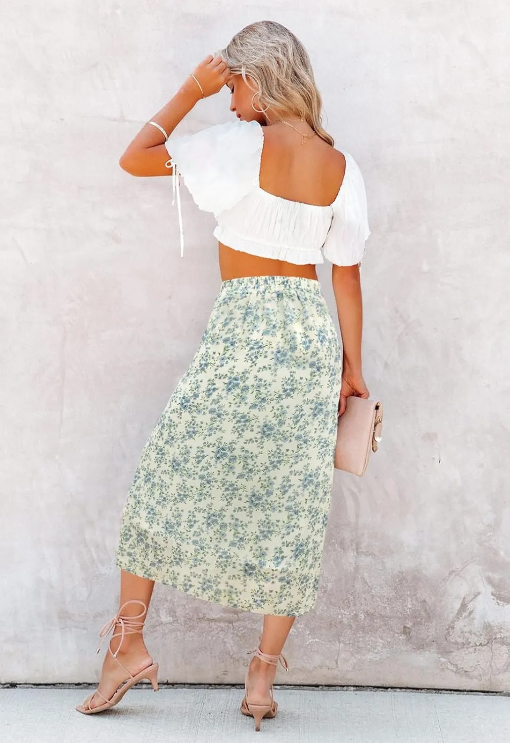 Womens Floral Print Midi Skirt Casual High Elastic Waist Zipper Vintage Long Boho Skirts for Women