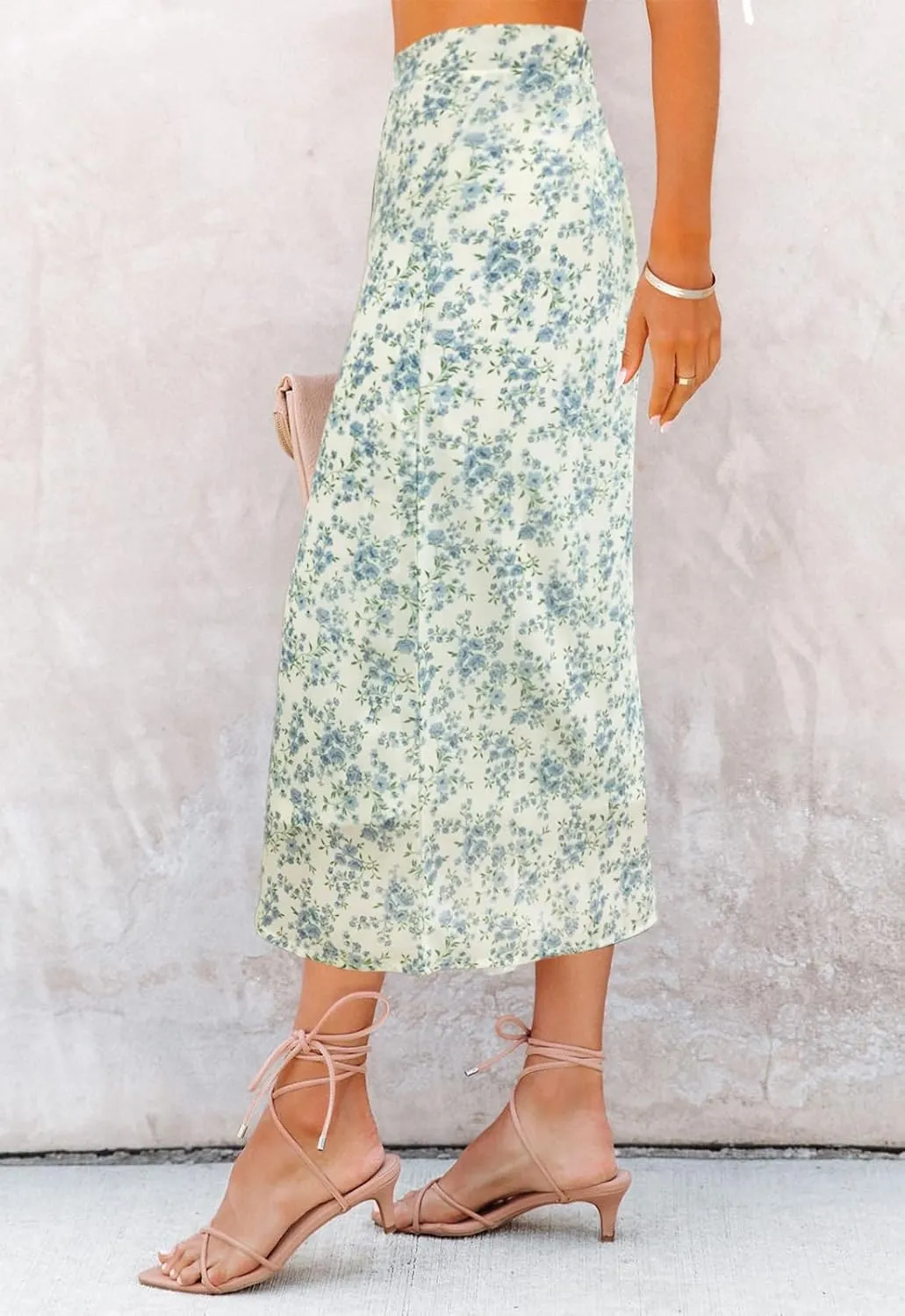 Womens Floral Print Midi Skirt Casual High Elastic Waist Zipper Vintage Long Boho Skirts for Women