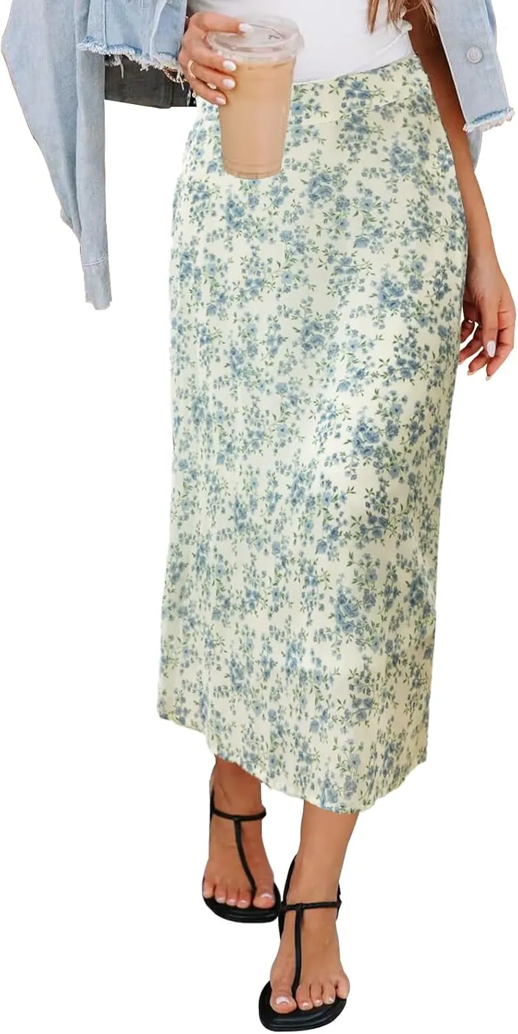 Womens Floral Print Midi Skirt Casual High Elastic Waist Zipper Vintage Long Boho Skirts for Women