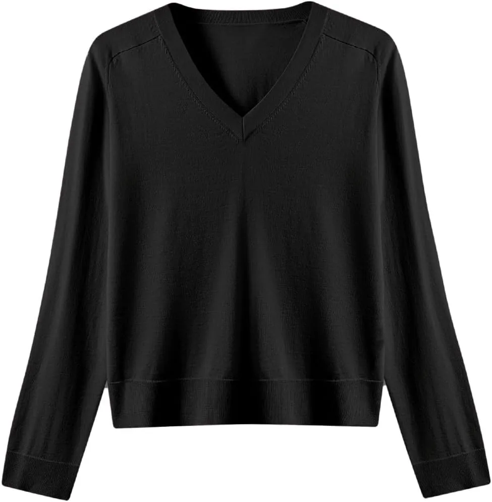 Women's Merino Wool Sweater Casual Lightweight V-Neck Raglan Sleeve Top Pullover