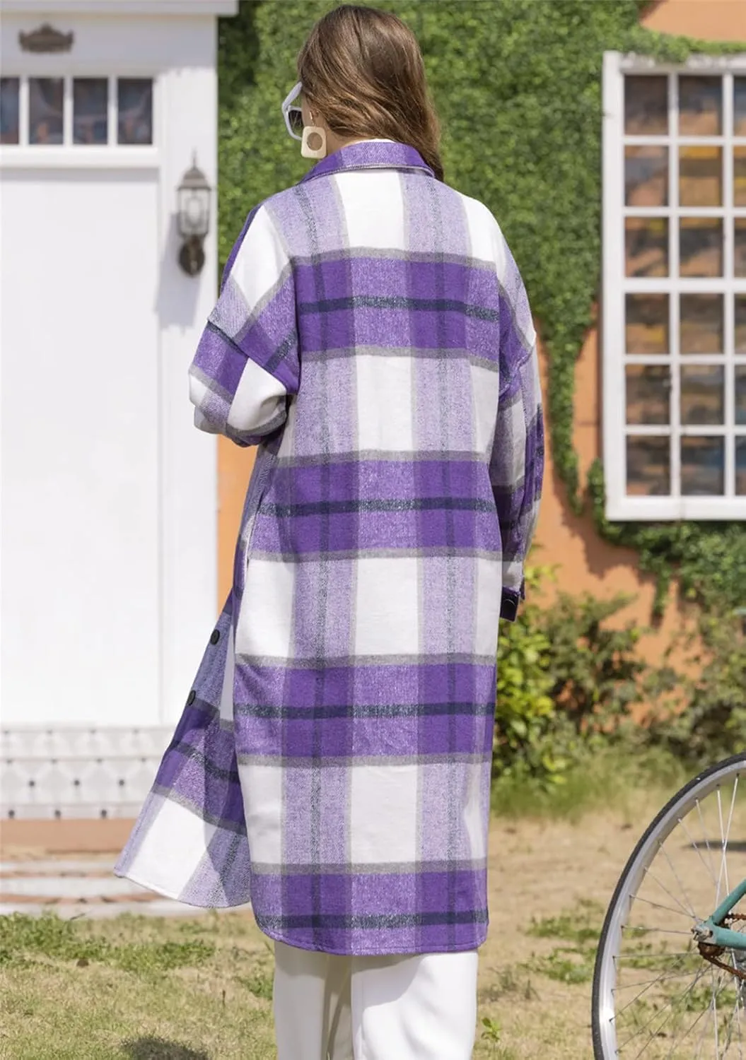 YMING Womens Button Down Plaid Jackets Oversized Boyfriend Shirt Lapel Color Block Long Shacket with Pockets