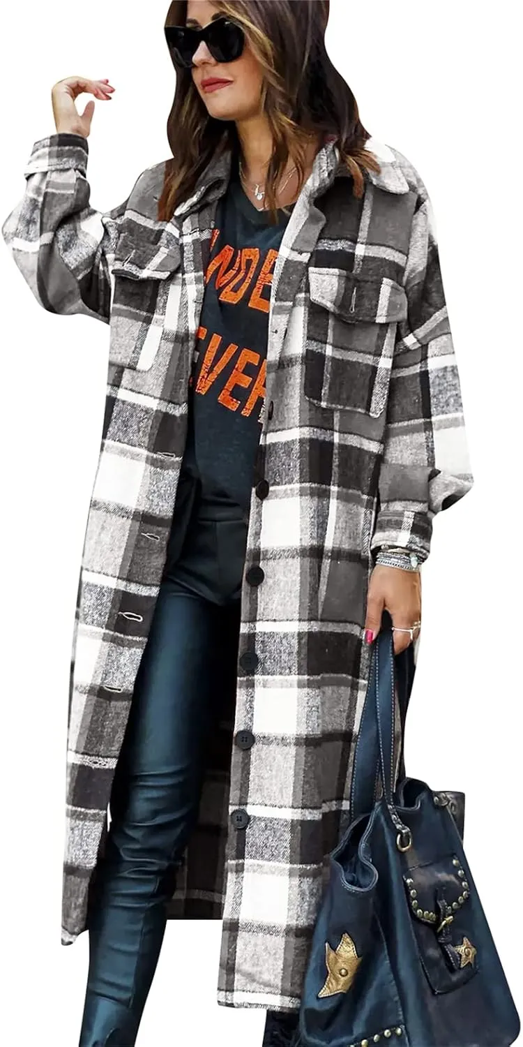 YMING Womens Button Down Plaid Jackets Oversized Boyfriend Shirt Lapel Color Block Long Shacket with Pockets