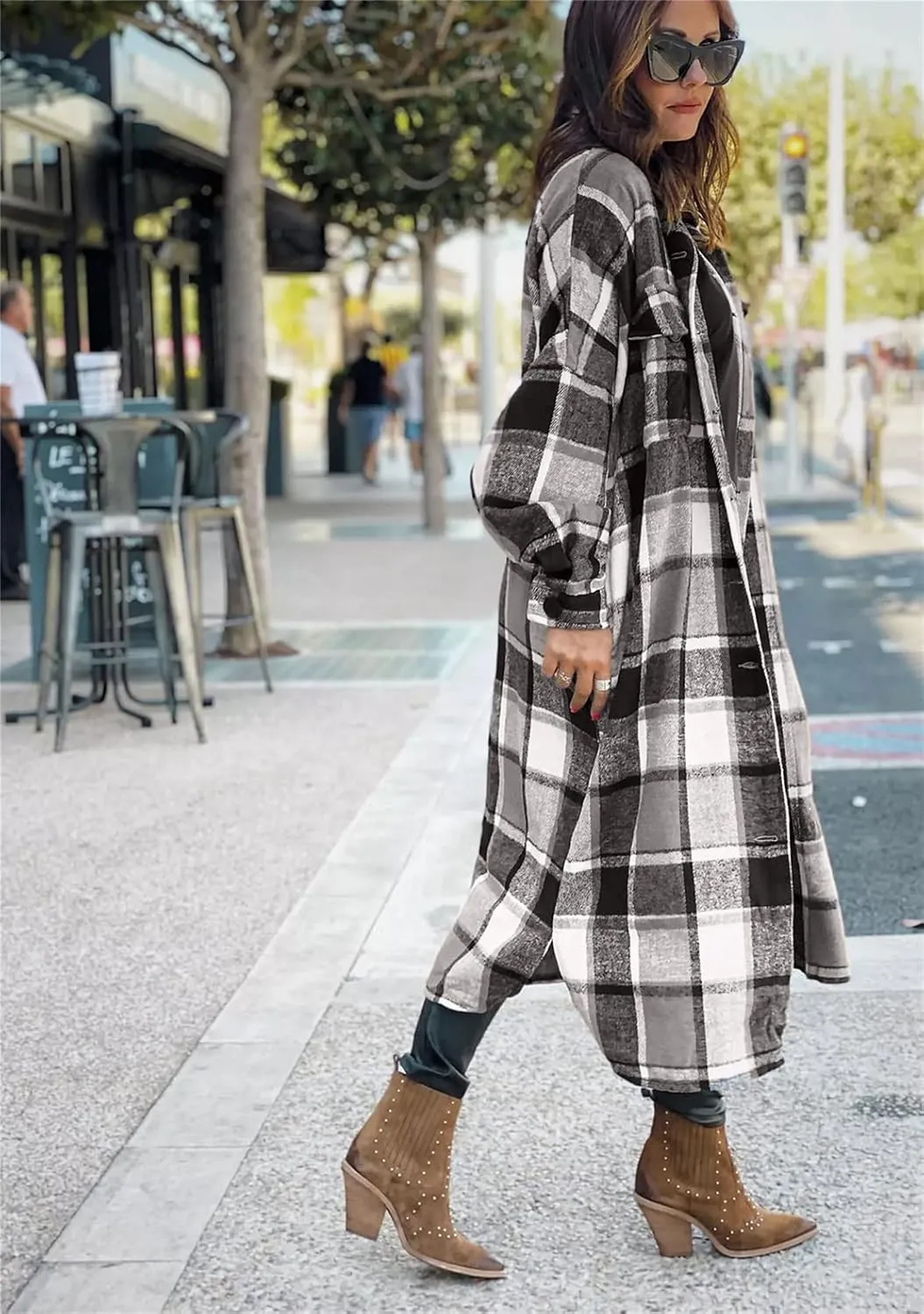 YMING Womens Button Down Plaid Jackets Oversized Boyfriend Shirt Lapel Color Block Long Shacket with Pockets