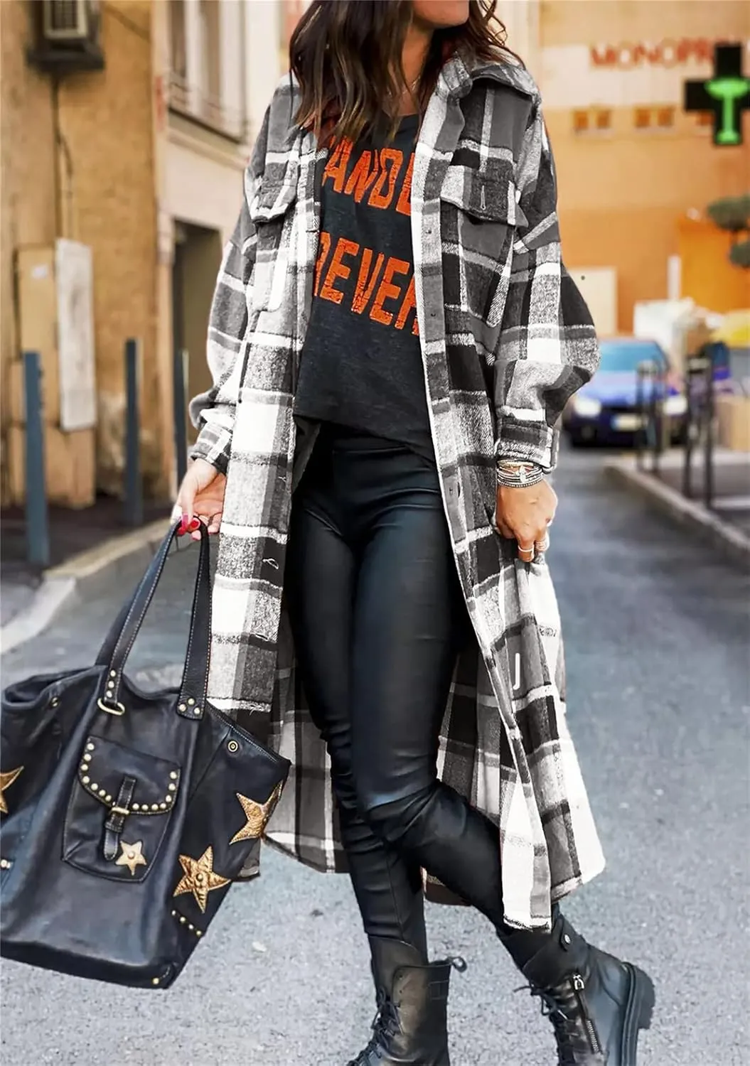 YMING Womens Button Down Plaid Jackets Oversized Boyfriend Shirt Lapel Color Block Long Shacket with Pockets