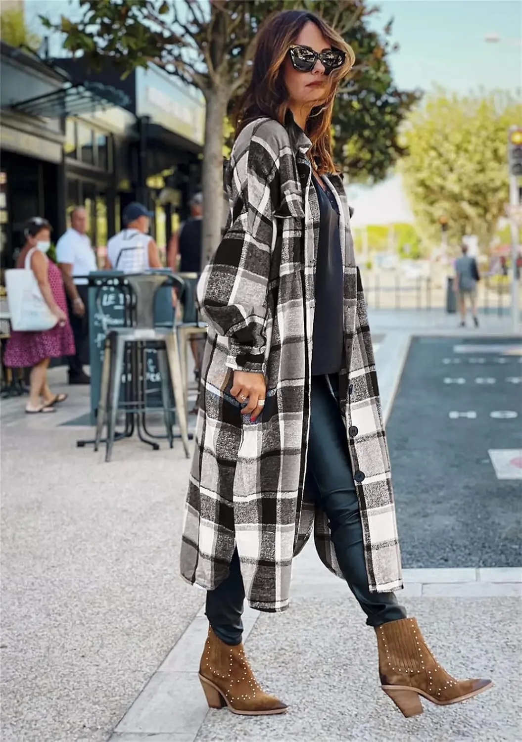 YMING Womens Button Down Plaid Jackets Oversized Boyfriend Shirt Lapel Color Block Long Shacket with Pockets