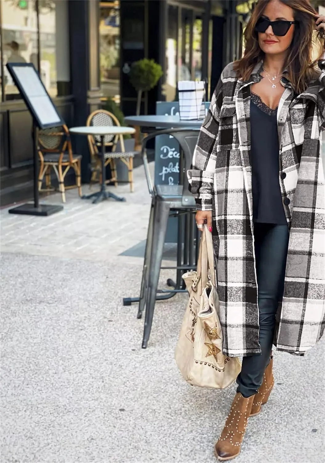 YMING Womens Button Down Plaid Jackets Oversized Boyfriend Shirt Lapel Color Block Long Shacket with Pockets