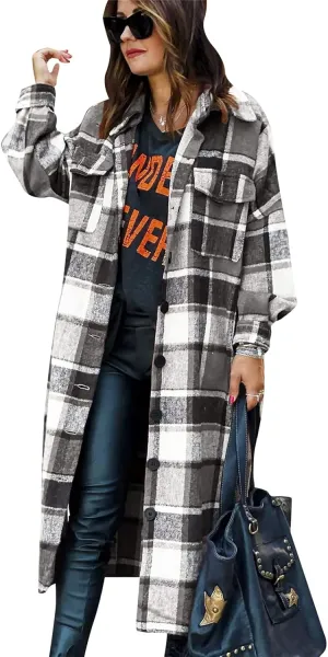 YMING Womens Button Down Plaid Jackets Oversized Boyfriend Shirt Lapel Color Block Long Shacket with Pockets