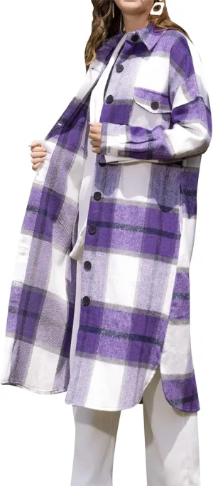 YMING Womens Button Down Plaid Jackets Oversized Boyfriend Shirt Lapel Color Block Long Shacket with Pockets