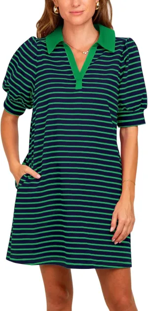 Yousify Women's Summer Lapel Collared V Neck Striped Dress Casual Puff Short Sleeve Polo Tshirt Dresses with Pockets