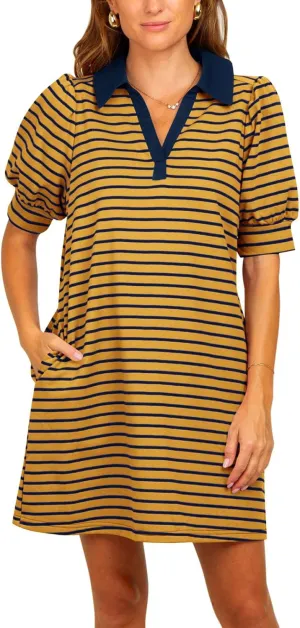 Yousify Women's Summer Lapel Collared V Neck Striped Dress Casual Puff Short Sleeve Polo Tshirt Dresses with Pockets