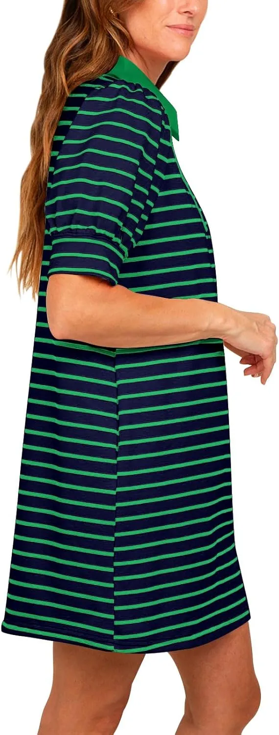 Yousify Women's Summer Lapel Collared V Neck Striped Dress Casual Puff Short Sleeve Polo Tshirt Dresses with Pockets
