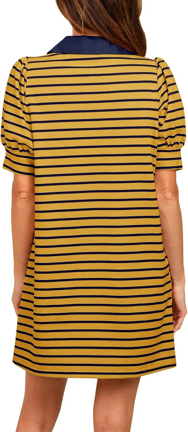 Yousify Women's Summer Lapel Collared V Neck Striped Dress Casual Puff Short Sleeve Polo Tshirt Dresses with Pockets