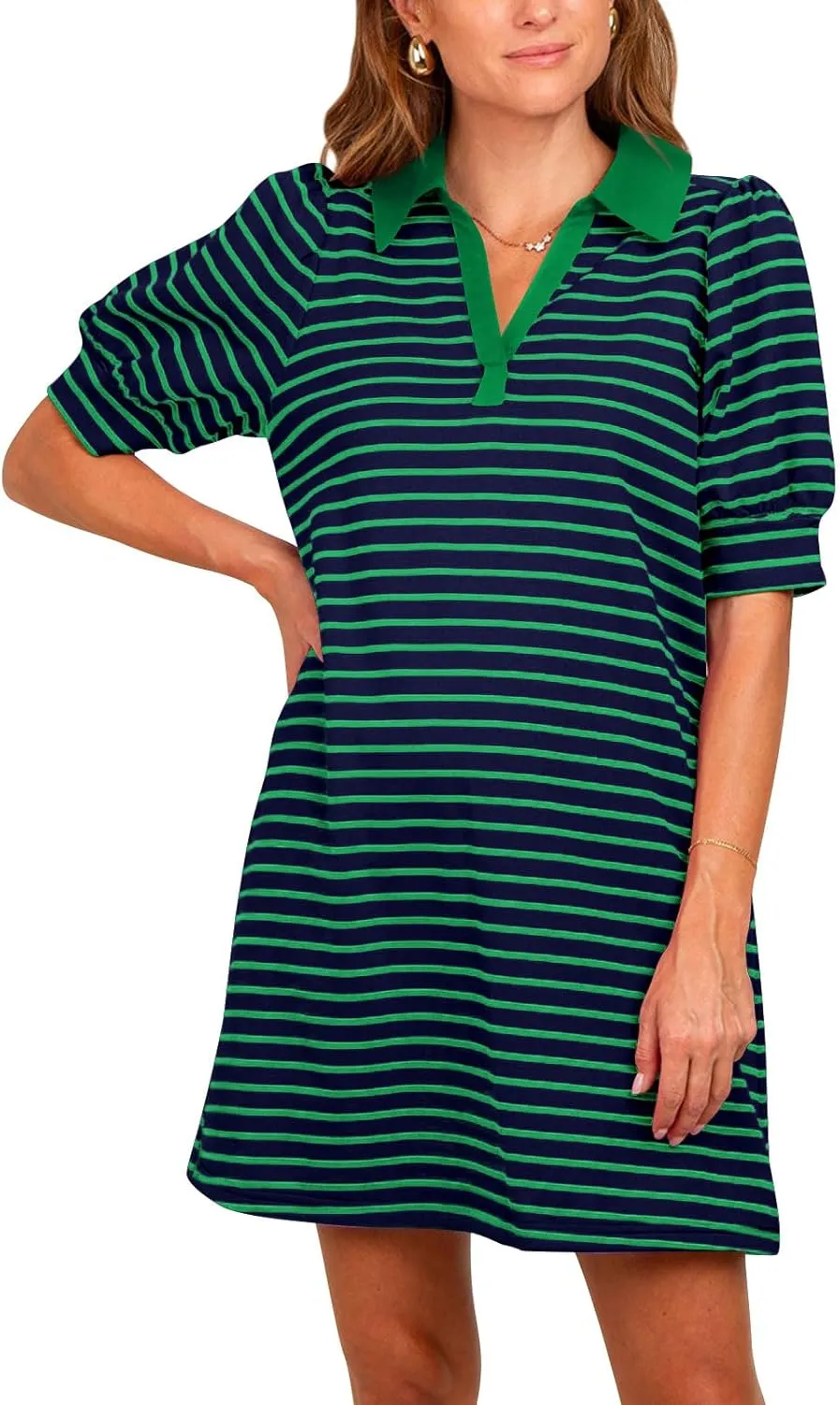 Yousify Women's Summer Lapel Collared V Neck Striped Dress Casual Puff Short Sleeve Polo Tshirt Dresses with Pockets