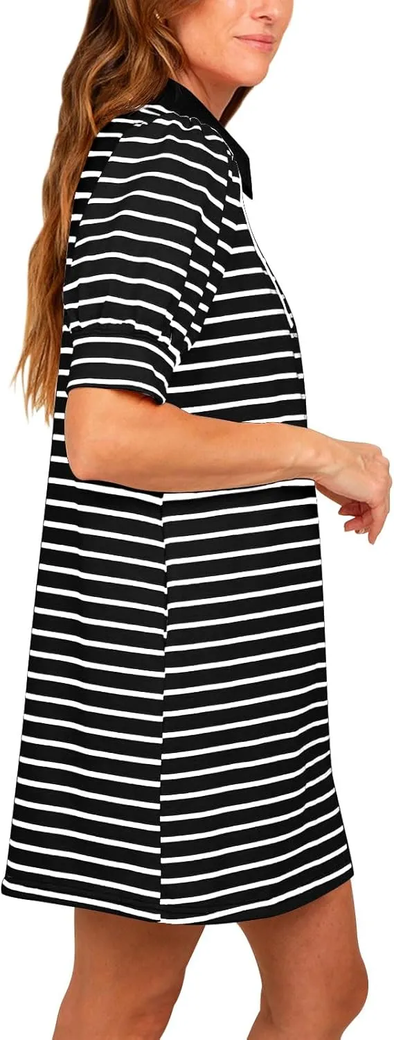 Yousify Women's Summer Lapel Collared V Neck Striped Dress Casual Puff Short Sleeve Polo Tshirt Dresses with Pockets