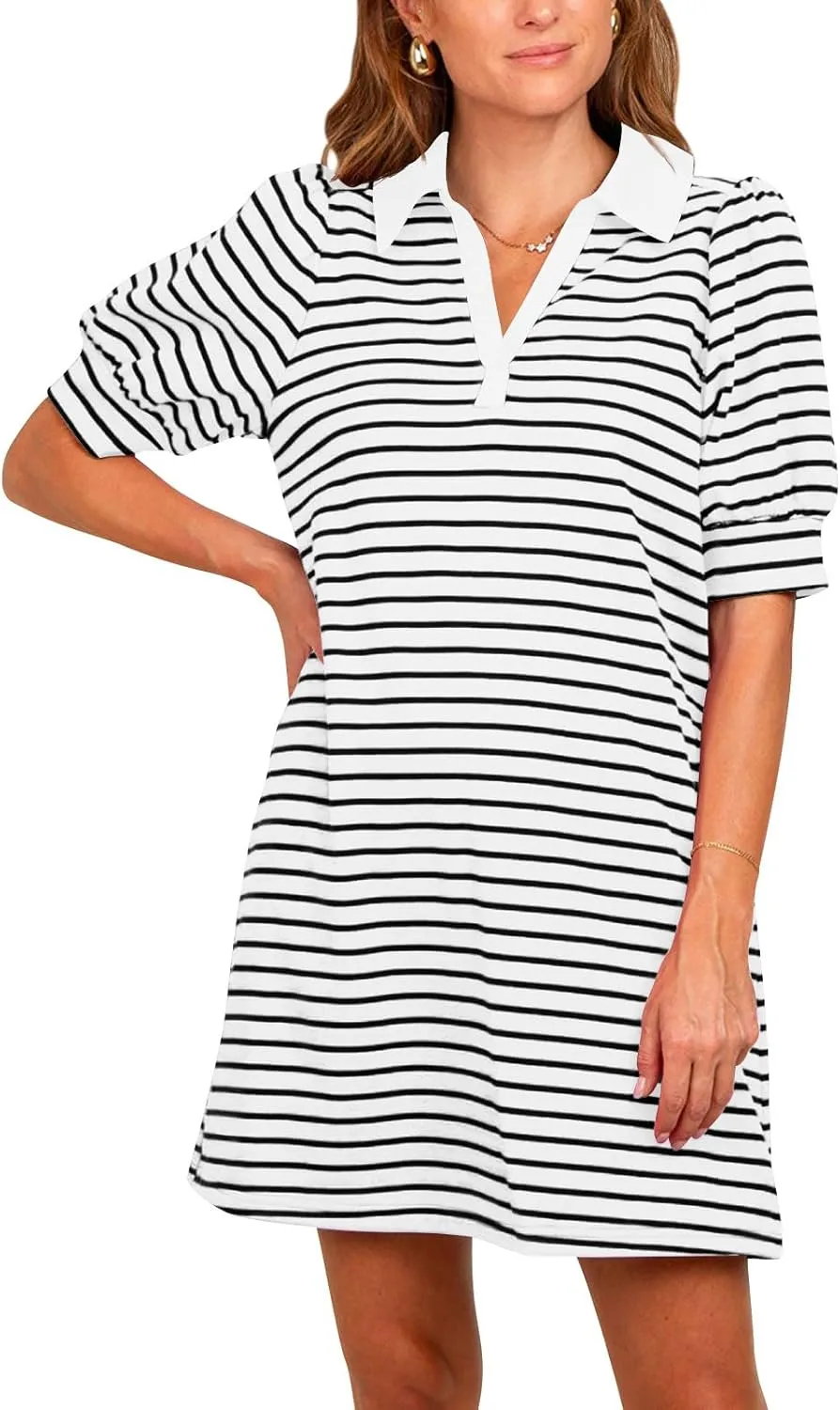Yousify Women's Summer Lapel Collared V Neck Striped Dress Casual Puff Short Sleeve Polo Tshirt Dresses with Pockets