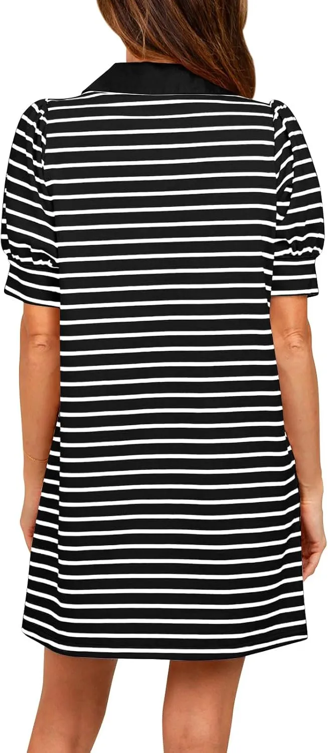 Yousify Women's Summer Lapel Collared V Neck Striped Dress Casual Puff Short Sleeve Polo Tshirt Dresses with Pockets