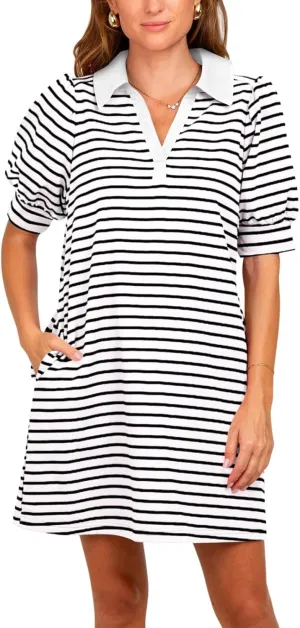 Yousify Women's Summer Lapel Collared V Neck Striped Dress Casual Puff Short Sleeve Polo Tshirt Dresses with Pockets