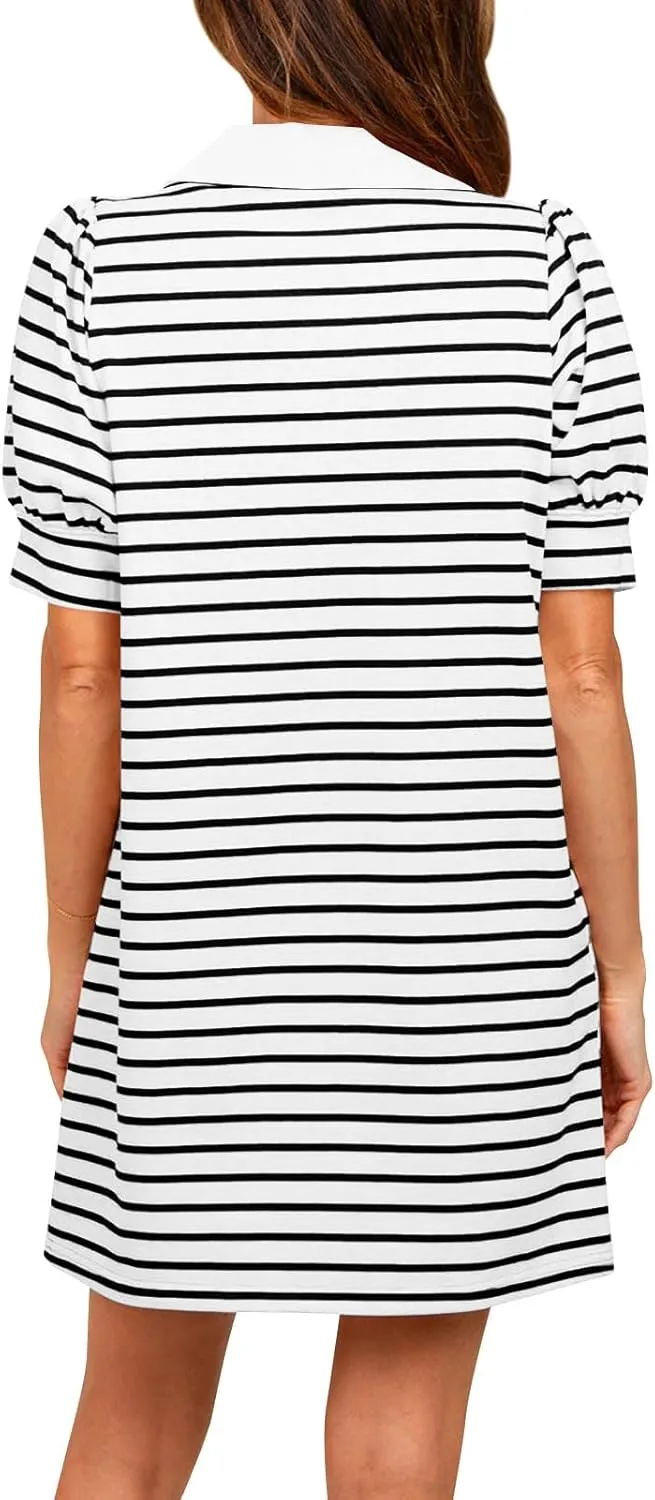 Yousify Women's Summer Lapel Collared V Neck Striped Dress Casual Puff Short Sleeve Polo Tshirt Dresses with Pockets