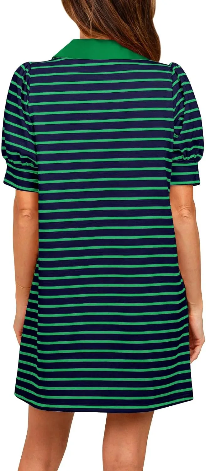 Yousify Women's Summer Lapel Collared V Neck Striped Dress Casual Puff Short Sleeve Polo Tshirt Dresses with Pockets