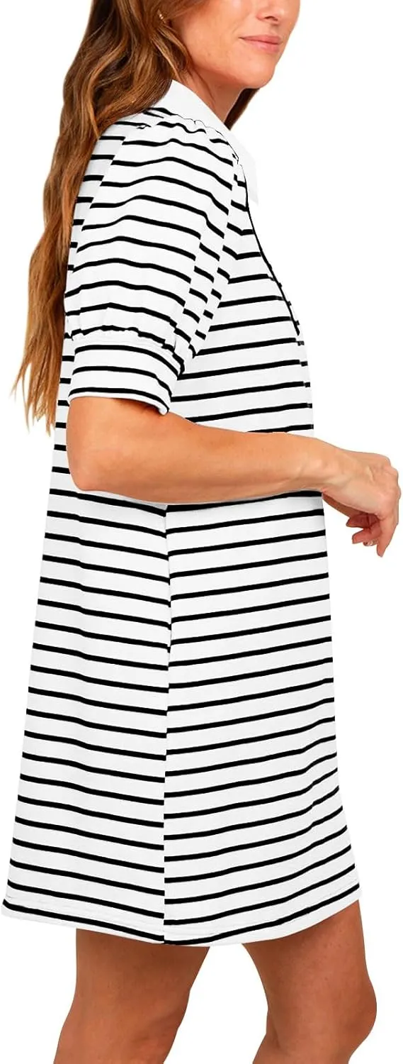 Yousify Women's Summer Lapel Collared V Neck Striped Dress Casual Puff Short Sleeve Polo Tshirt Dresses with Pockets