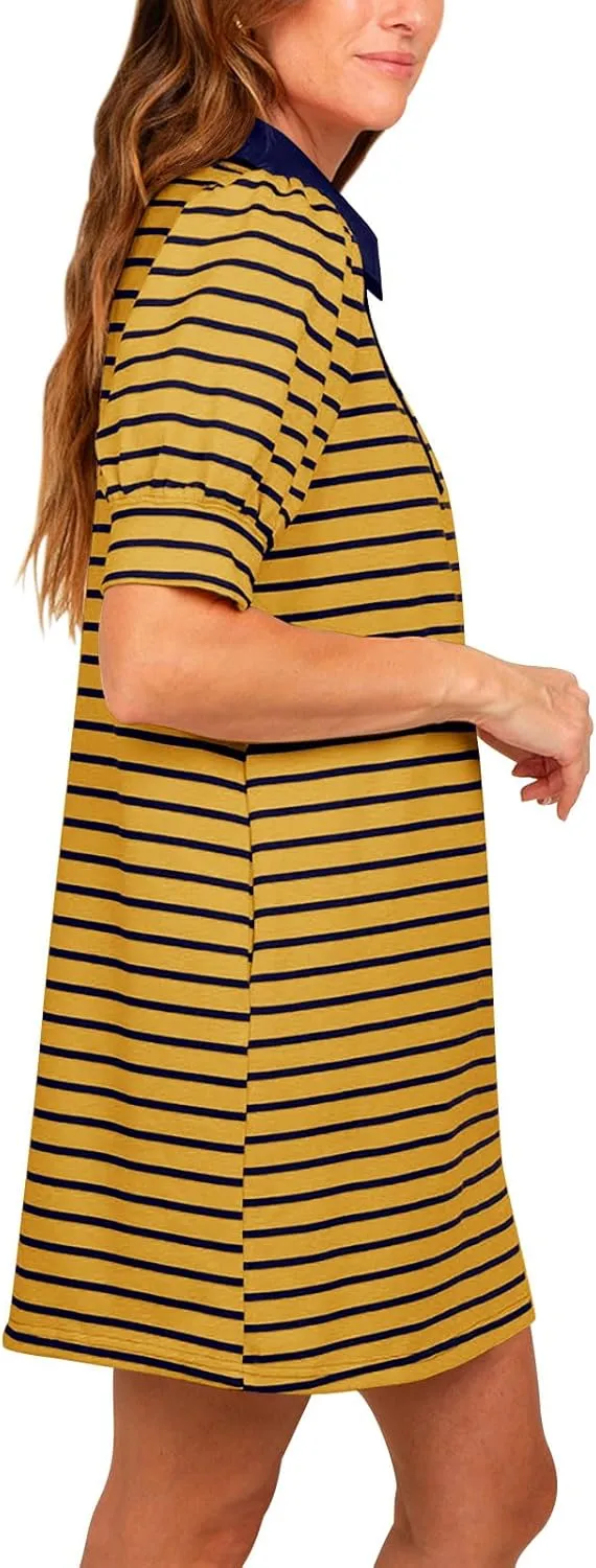 Yousify Women's Summer Lapel Collared V Neck Striped Dress Casual Puff Short Sleeve Polo Tshirt Dresses with Pockets