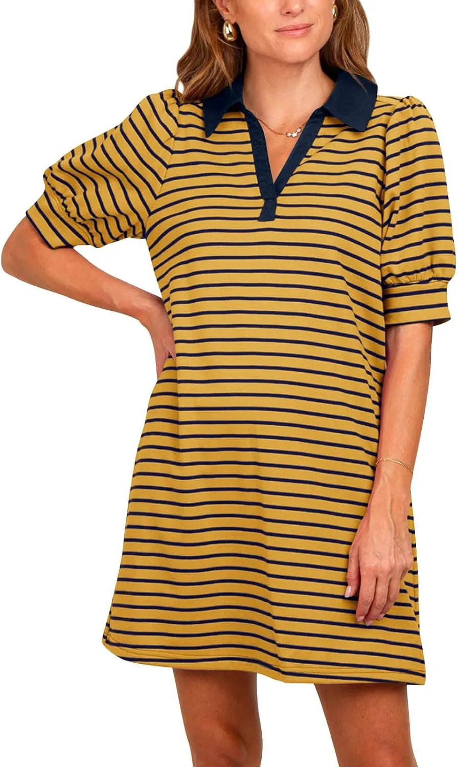 Yousify Women's Summer Lapel Collared V Neck Striped Dress Casual Puff Short Sleeve Polo Tshirt Dresses with Pockets