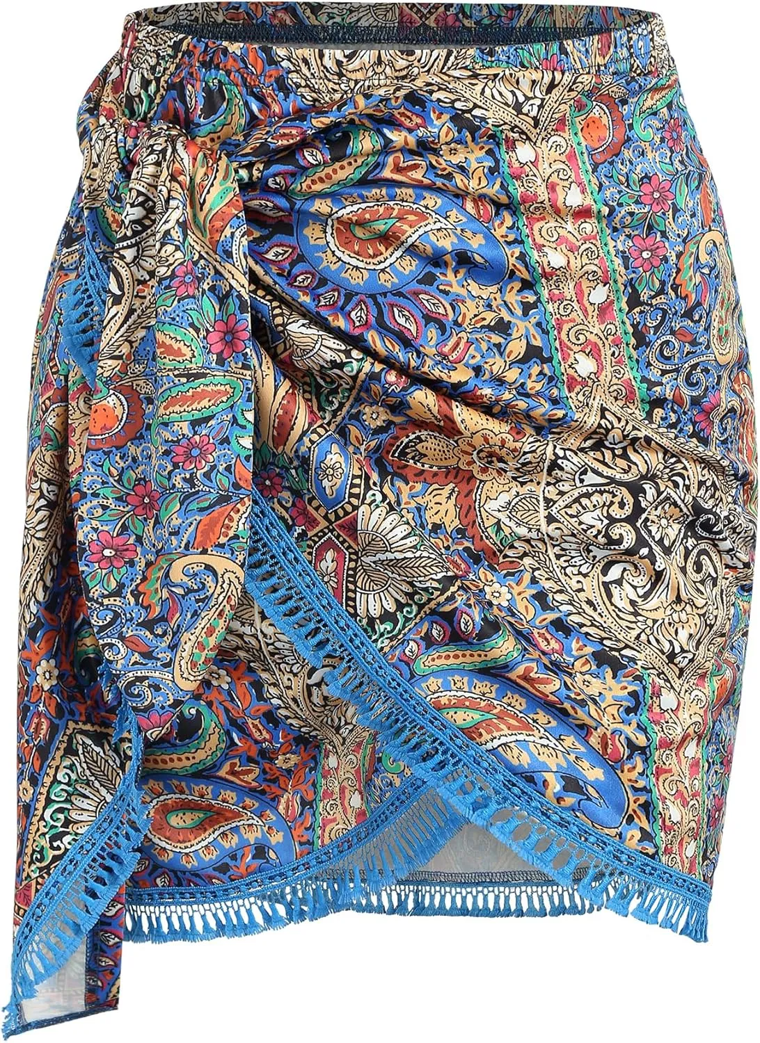ZAFUL Slit Skirt for Women Boho Print Tie Side Wrap Tassel Casual Beach Mini Skirt