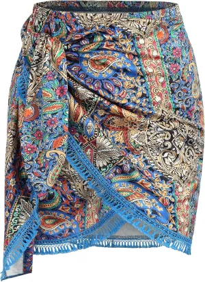 ZAFUL Slit Skirt for Women Boho Print Tie Side Wrap Tassel Casual Beach Mini Skirt