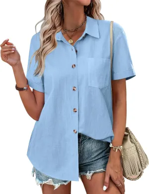 Zeagoo Womens Button Down Shirts Color Block Short Sleeve Cotton Linen Summer Causal Blouses Tops