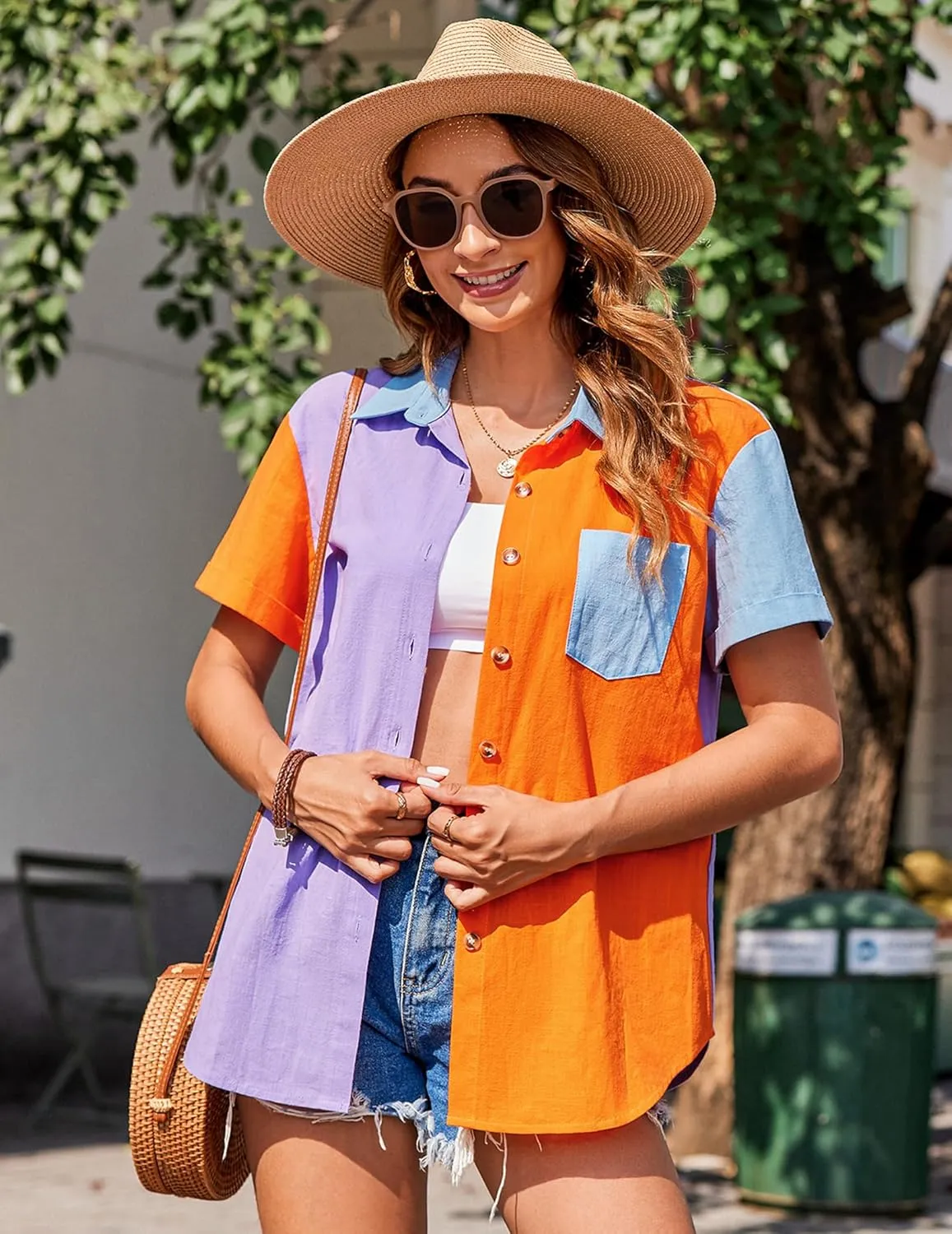 Zeagoo Womens Button Down Shirts Color Block Short Sleeve Cotton Linen Summer Causal Blouses Tops