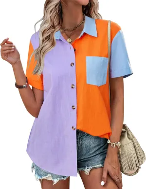 Zeagoo Womens Button Down Shirts Color Block Short Sleeve Cotton Linen Summer Causal Blouses Tops