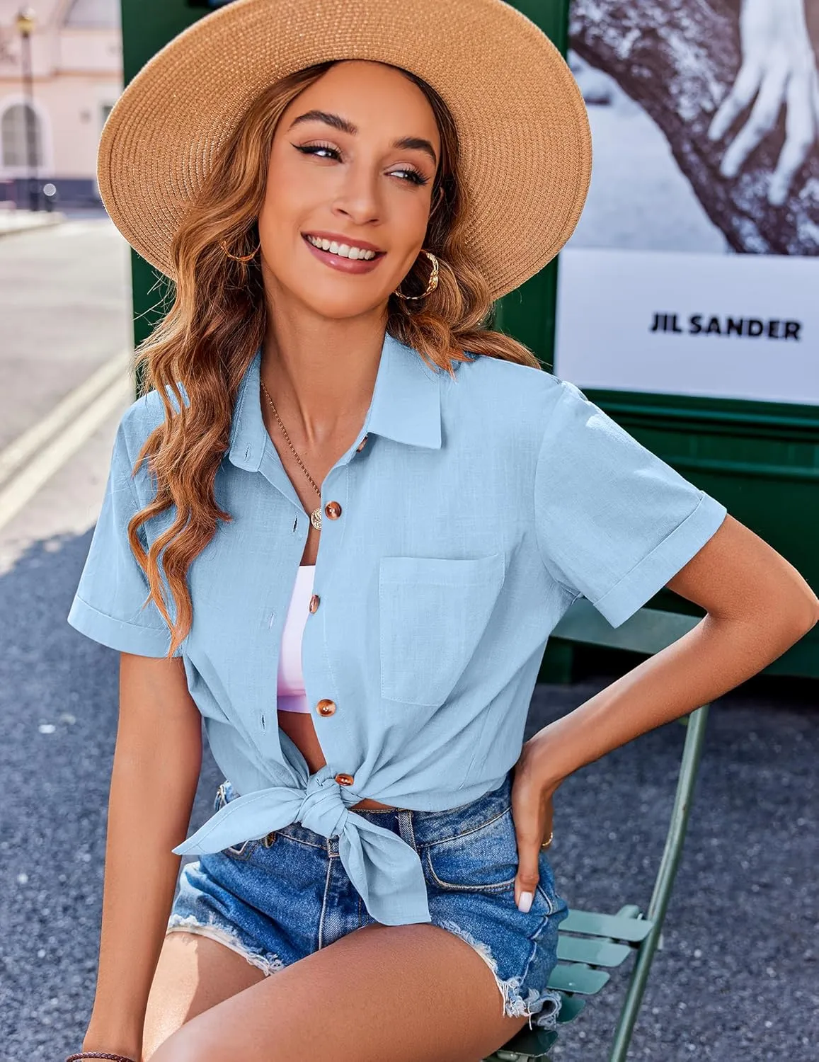 Zeagoo Womens Button Down Shirts Color Block Short Sleeve Cotton Linen Summer Causal Blouses Tops